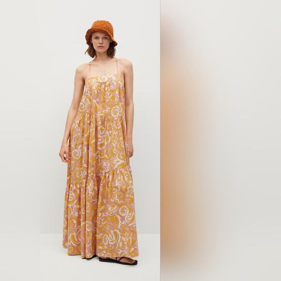 New nwt Maxi long ruffles dress MANGO sustainable cotton yellow sz 2 Xs geo - Picture 1 of 8
